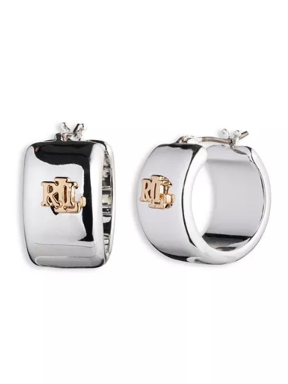Lauren Ralph Lauren Wide Logo Hoop Earrings, Silver and Gold, New